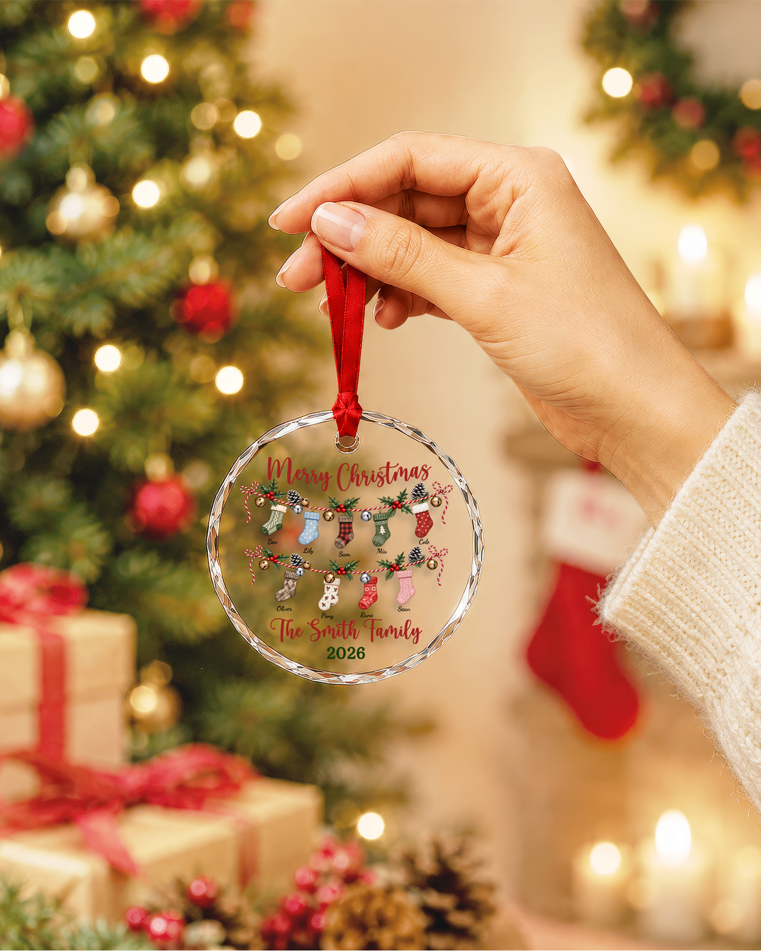 Merry Christmas Stocking Family - Personalized Glass Ornament
