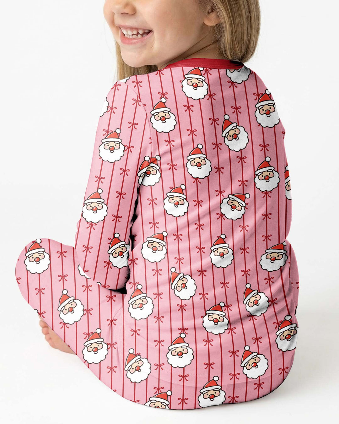 Pink Santa Bow Stripe Christmas Bamboo Two Piece Long Sleeve Pajama Set