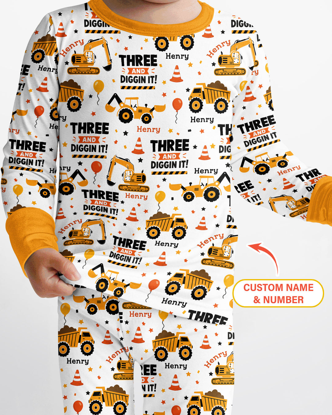 Personalized Birthday Construction Truck Diggin It Bamboo Two Piece Long Sleeve Pajama Set