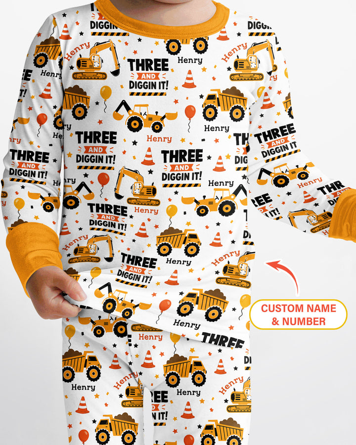 Personalized Birthday Construction Truck Diggin It Bamboo Two Piece Long Sleeve Pajama Set