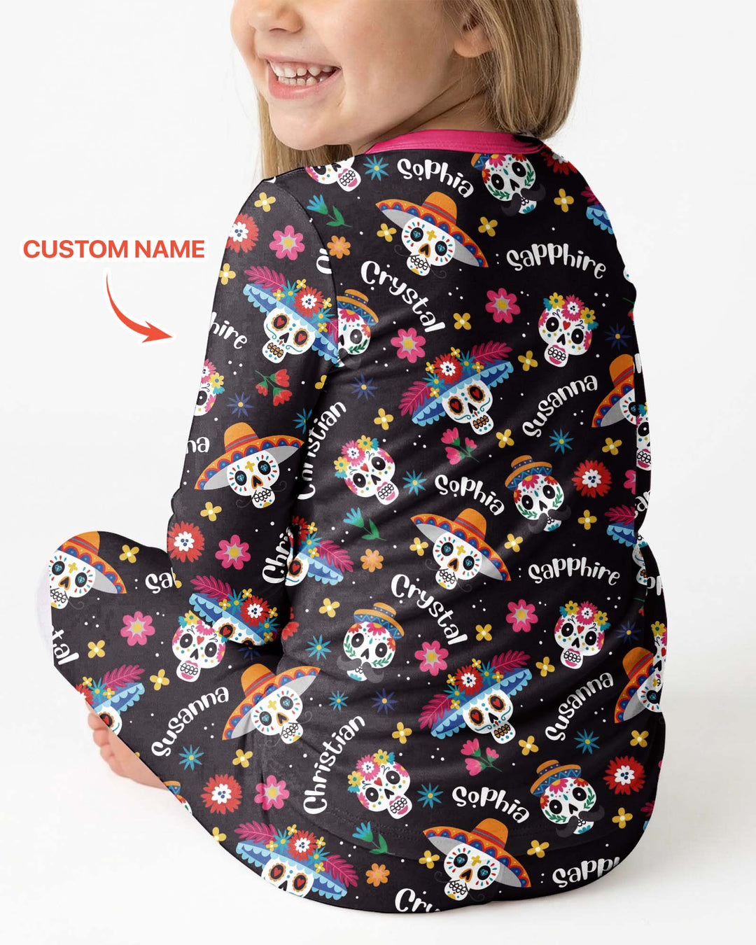 Custom Name Dia De Los Muertos Bamboo Two Piece Long Sleeve Pajama Set