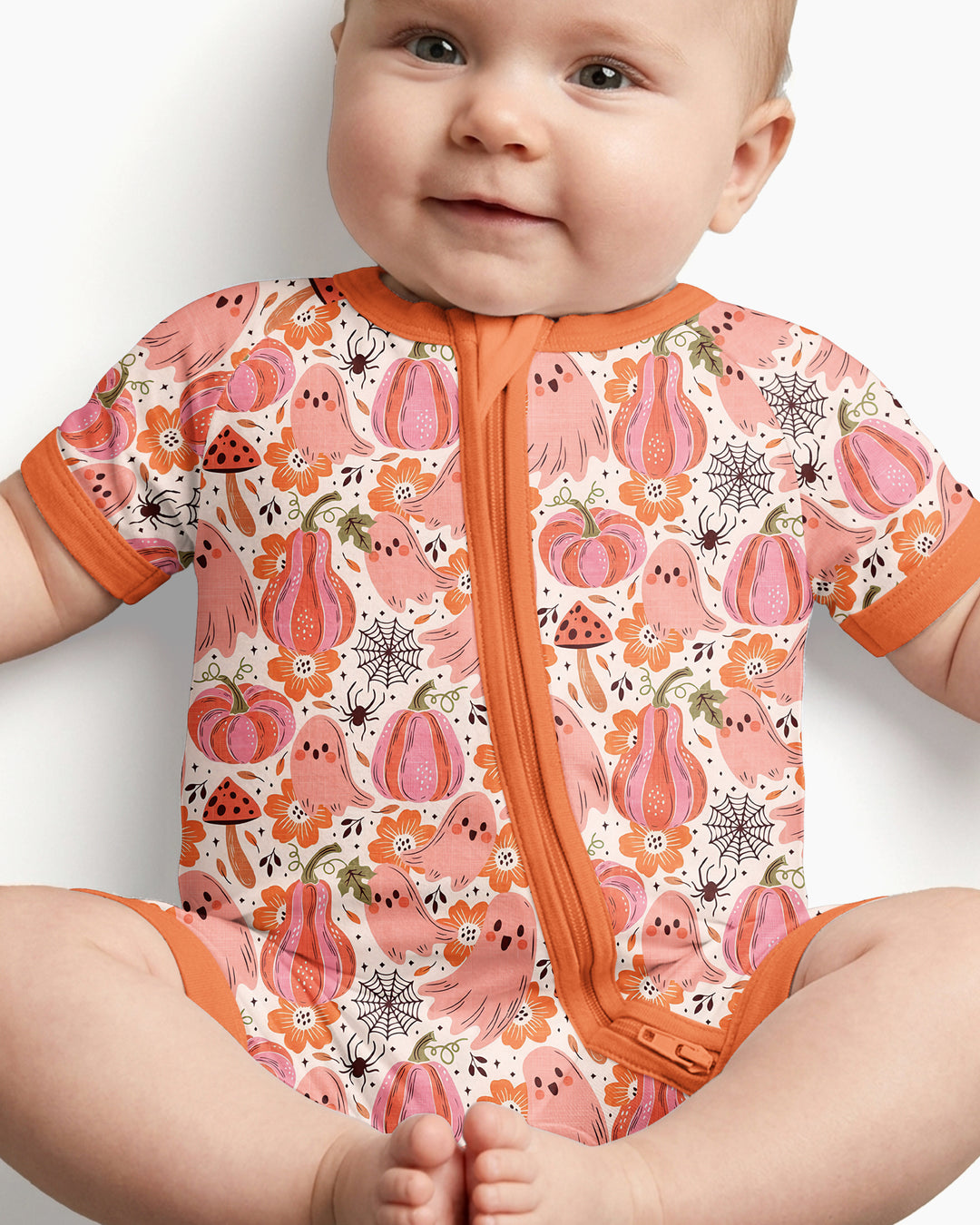 Pink Ghost Pumpkin Fall Floral Halloween Bamboo Shorty Zippy