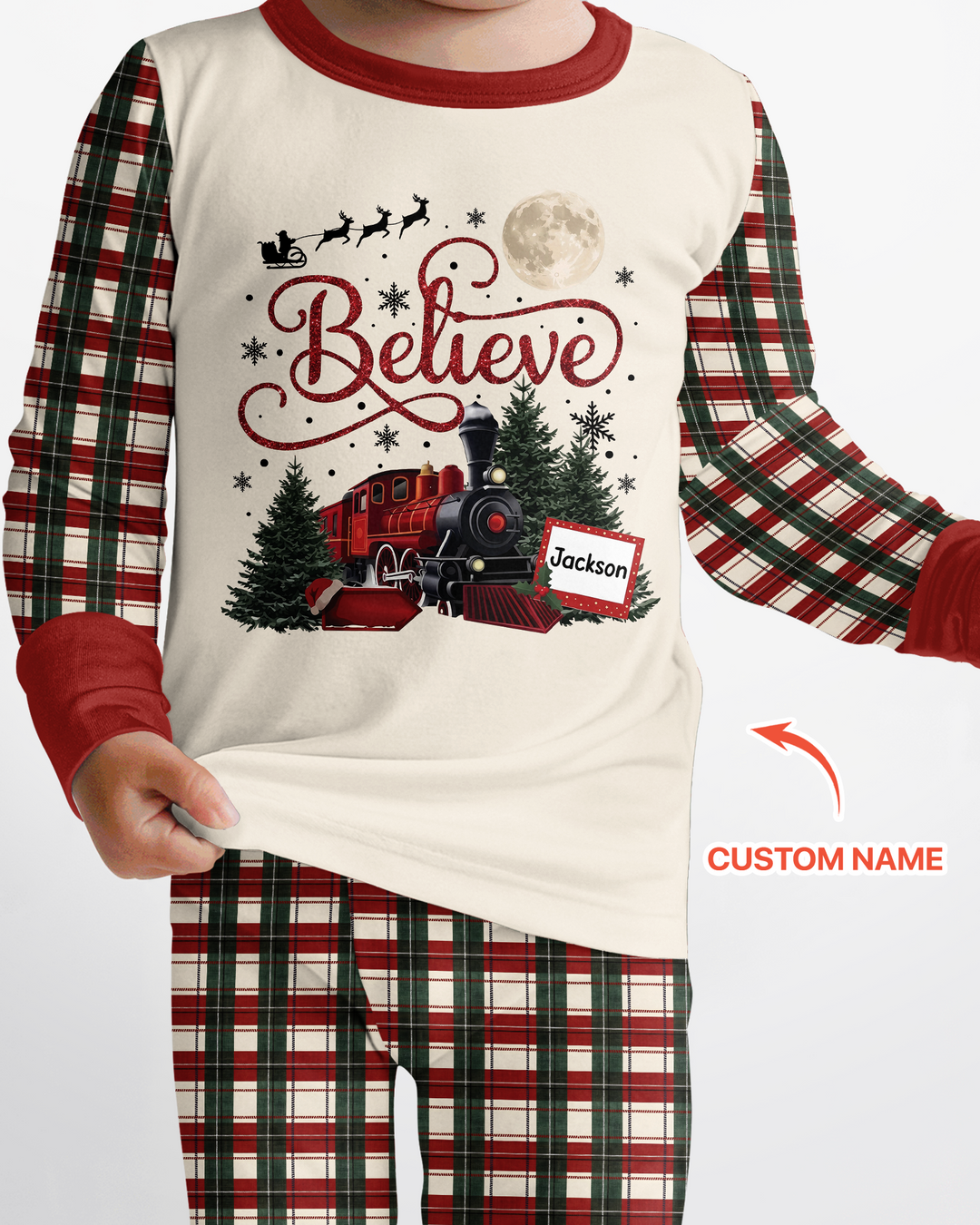 Custom Name Believe Christmas Express Bamboo Two Piece Long Sleeve Pajama Set