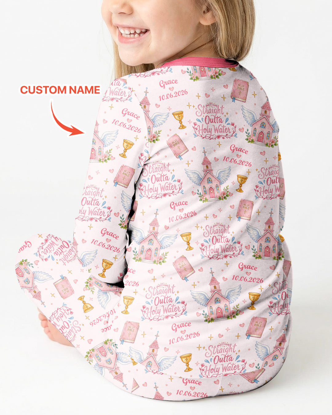 Custom Name Baptism Christening Straight Outta Holy Water Bamboo Two Piece Long Sleeve Pajama Set