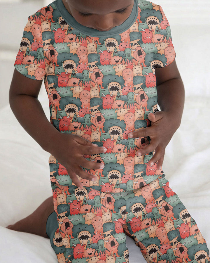 Cute Monster Crowd Bamboo Two Piece Short Sleeve Pajama Set