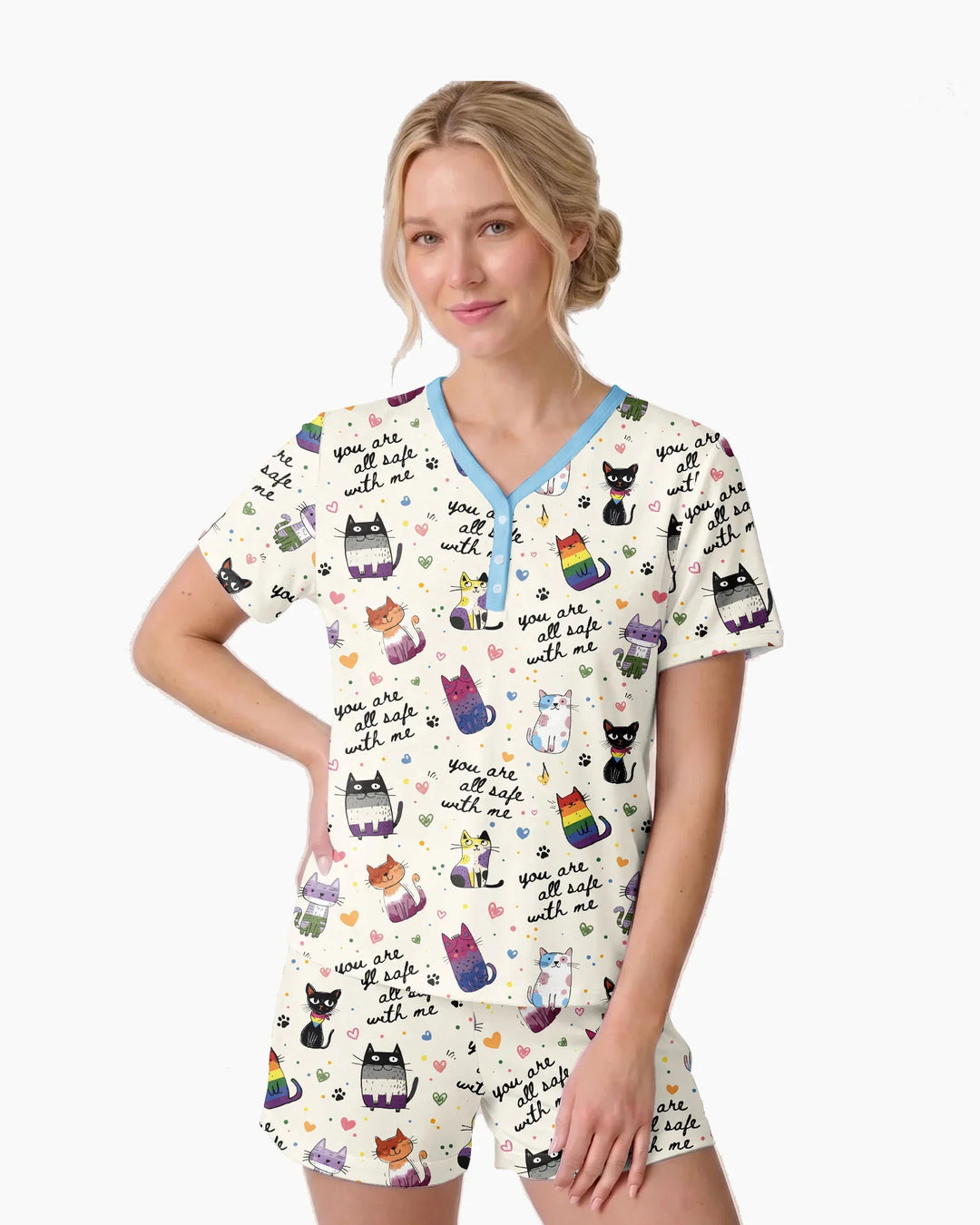 Loved & Safe Kitties Family Matching Bamboo Women Short Sleeve Short Pajama Set