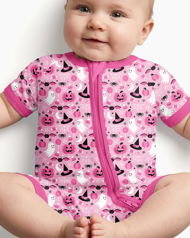 Cute Pink Halloween Ghost Pumpkin Witch Bamboo Shorty Zippy