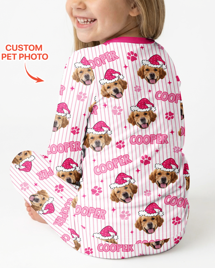 Personalized Pink Santa Dog Bamboo Two Piece Long Sleeve Pajama Set