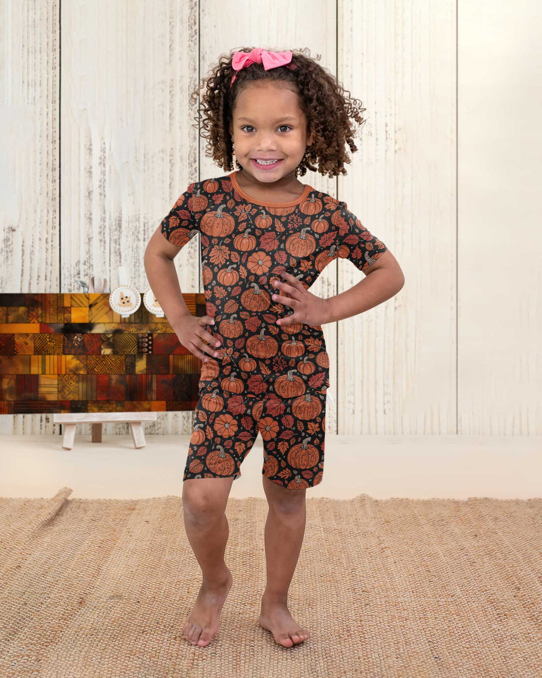 Retro Halloween Pumpkins Bamboo Two Piece Short Sleeve Shorts Pajama Set