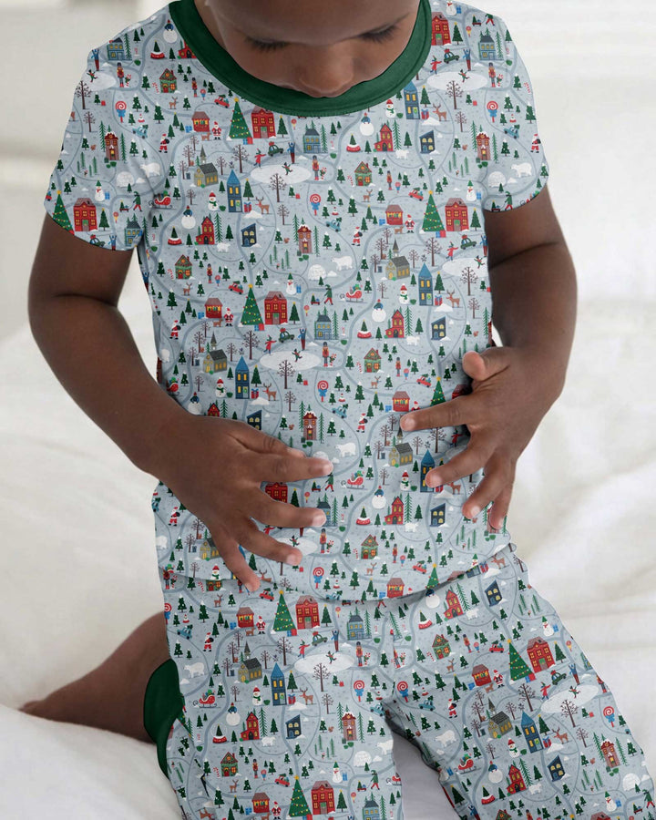 Snowy Christmas Village Map Bamboo Two Piece Short Sleeve Pajama Set