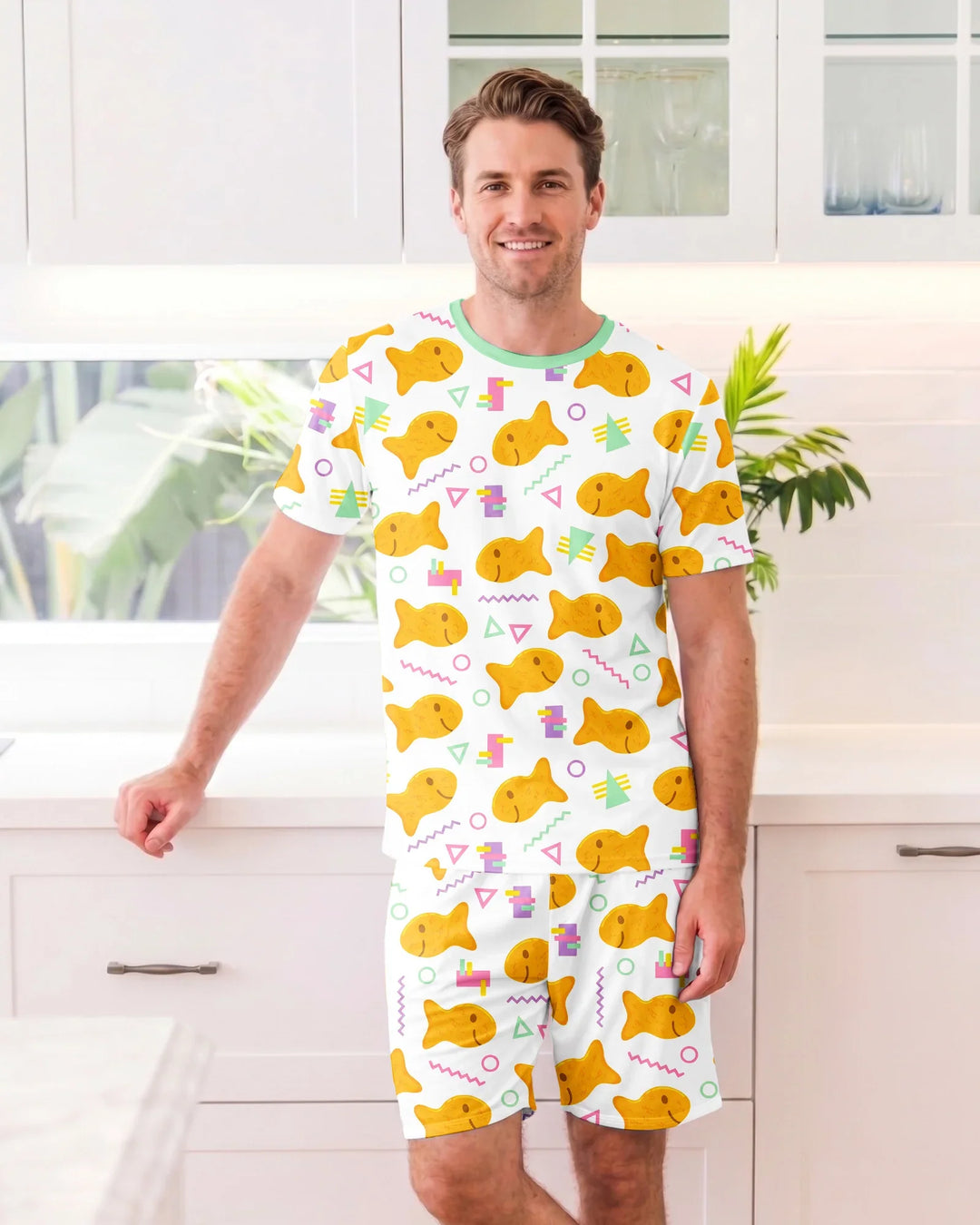 Cheesy Fishies Family Matching Bamboo Men Short Sleeve Short Pajama Set