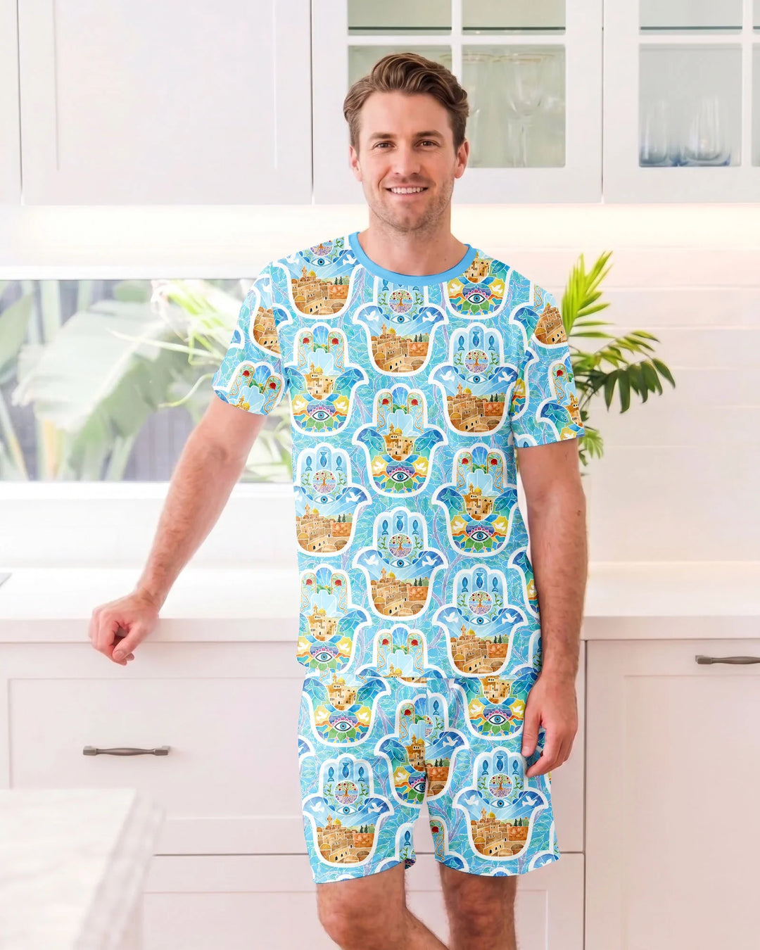 Hamsa Hand Bamboo Men Short Sleeve Short Pajama Set