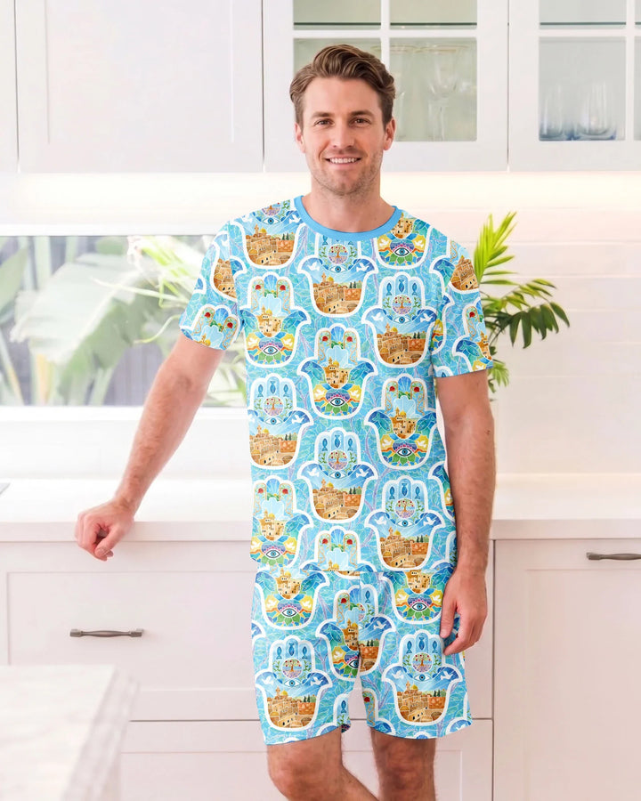 Hamsa Hand Bamboo Men Short Sleeve Short Pajama Set
