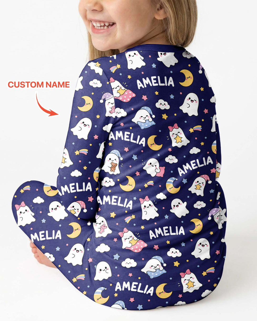 Sweet Dreams Cute Ghost Custom Name Bamboo Two Piece Long Sleeve Pajama Set