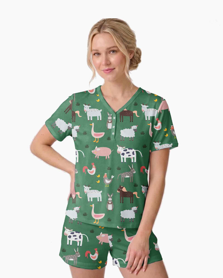 Green farm animals Bamboo Women Short Sleeve Short Pajama Set