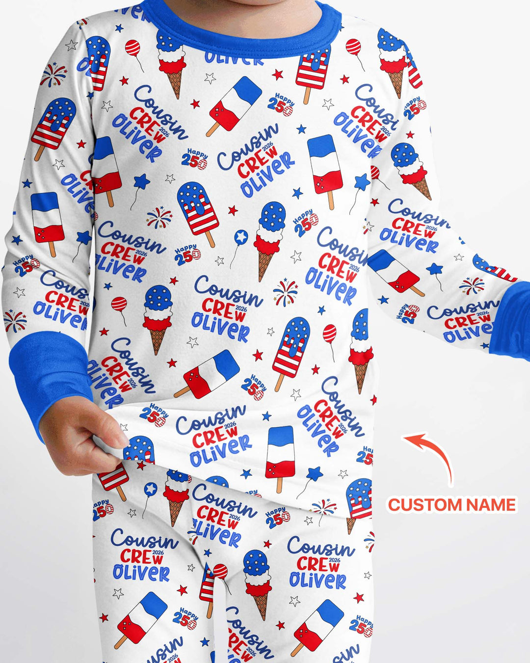 Custom Name 4th of July Cousin Crew Bamboo Two Piece Long Sleeve Pajama Set