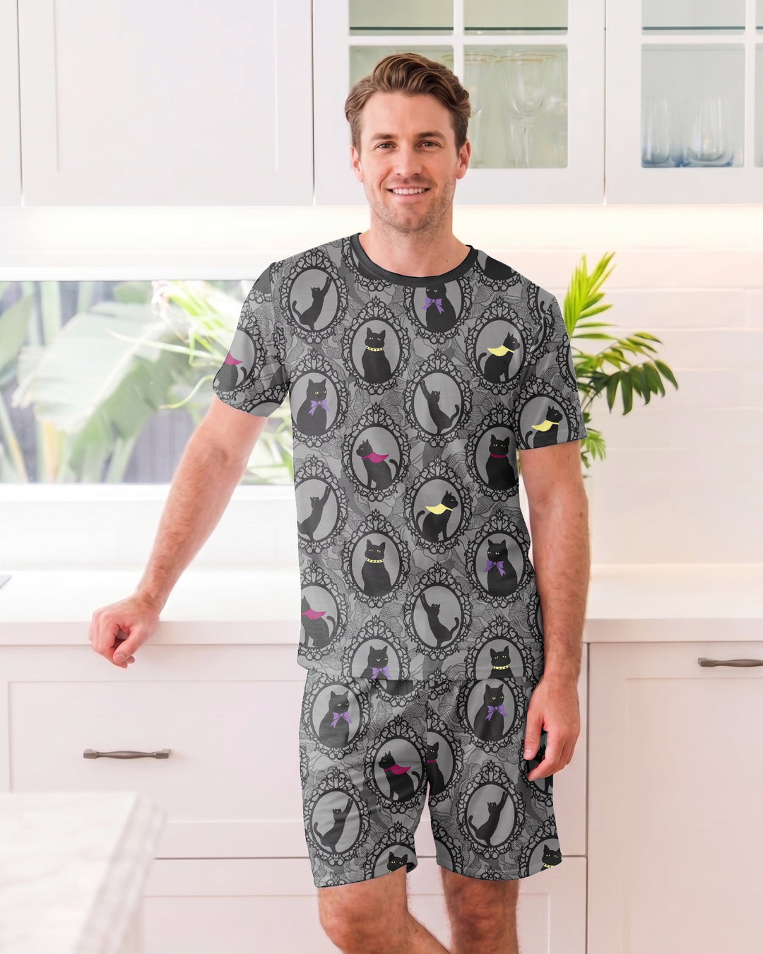 Midnight Cat Parade Bamboo Men Short Sleeve Short Pajama Set