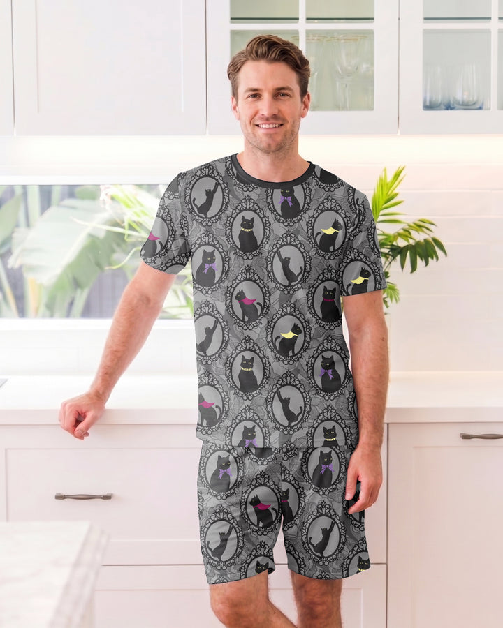 Midnight Cat Parade Bamboo Men Short Sleeve Short Pajama Set