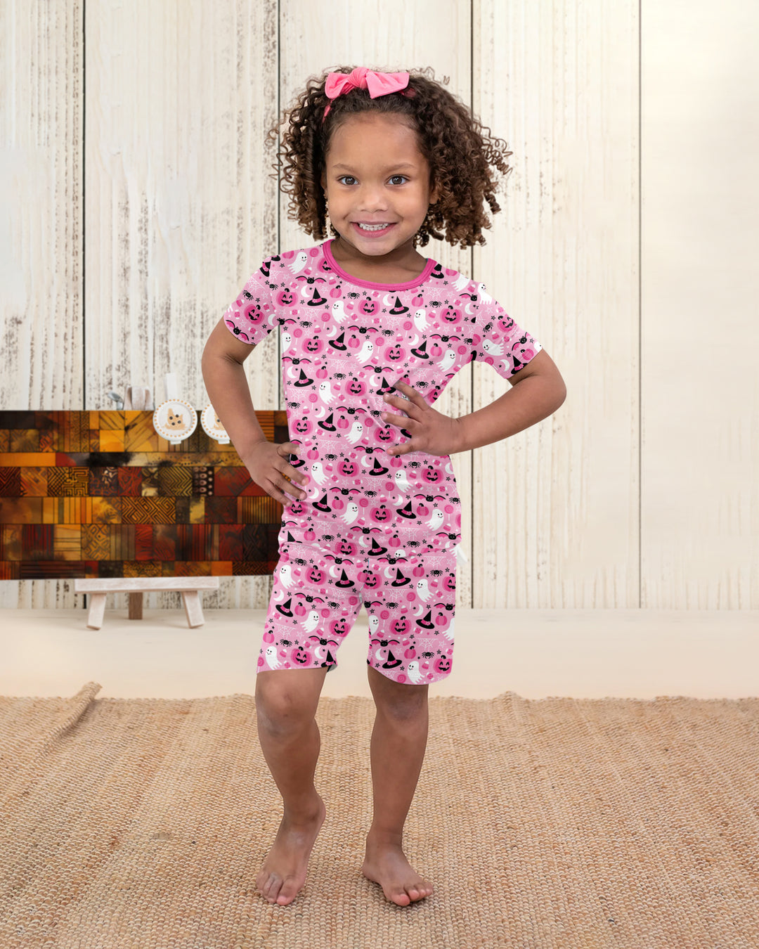 Cute Pink Halloween Ghost Pumpkin Witch Bamboo Two Piece Short Sleeve Shorts Pajama Set