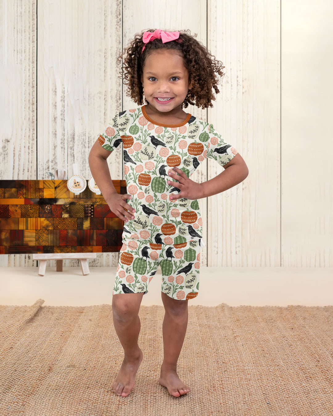 Country Crows with Mums and Pumpkins Bamboo Two Piece Short Sleeve Shorts Pajama Set