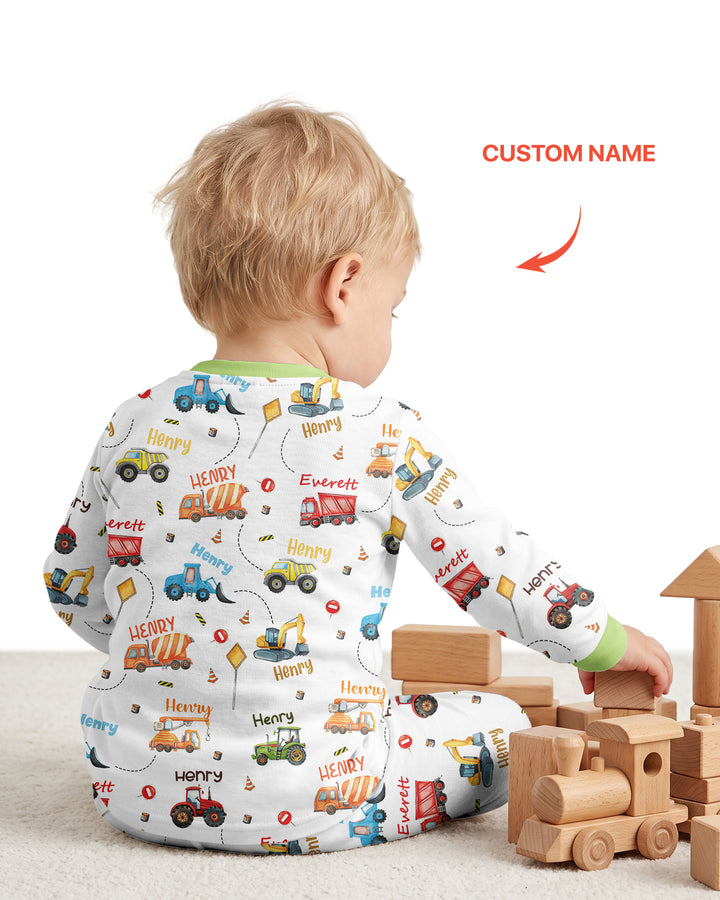 Construction Vehicles Custom Name Bamboo Two Piece Long Sleeve Pyjamas Set