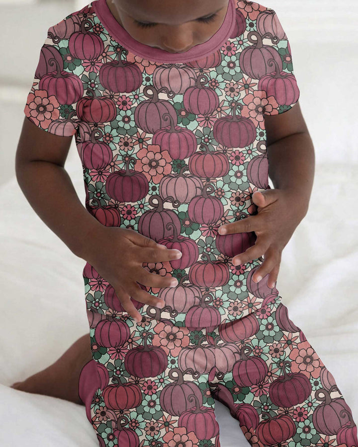 Retro Floral Pumpkin Patch Bamboo Two Piece Short Sleeve Pajama Set