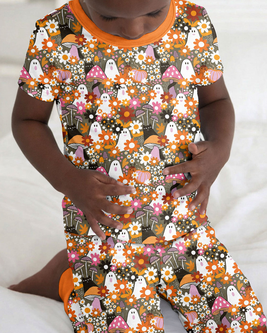Retro Ghost Mushroom Floral Halloween Bamboo Two Piece Short Sleeve Pajama Set