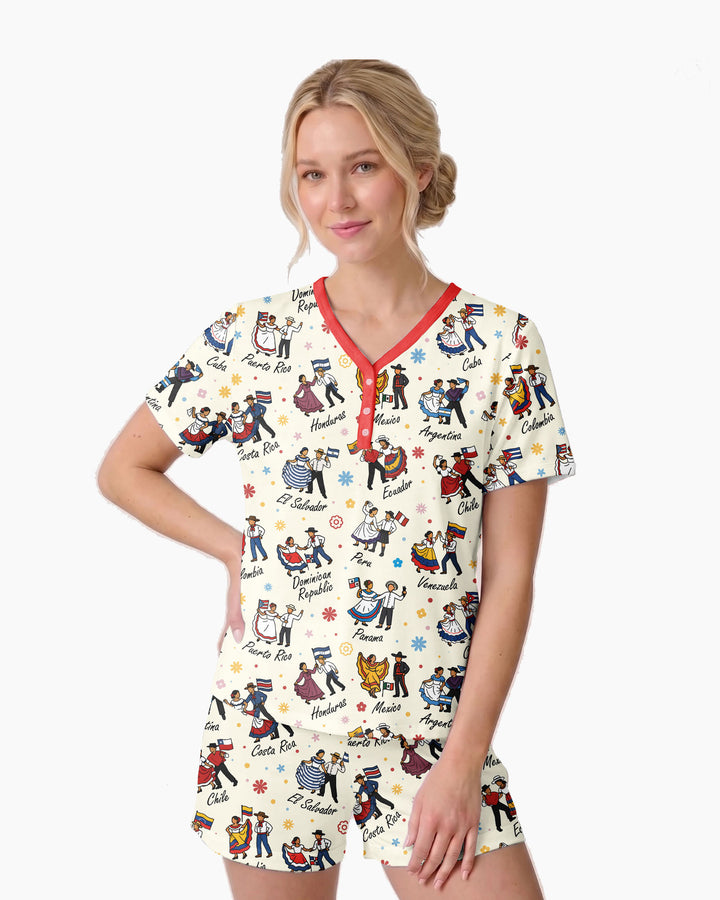 Hispanic Traditional Folkloric Dress Bamboo Women Short Sleeve Short Pajama Set