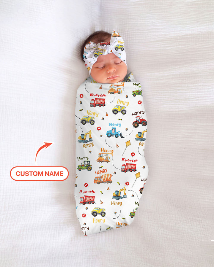 Construction Vehicles Custom Name swaddle blanket