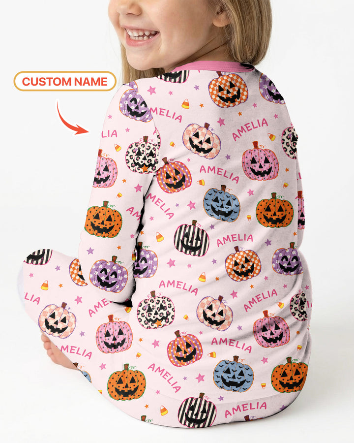 Custom Name Colorful Jack O Lantern Bamboo Two Piece Long Sleeve Pajama Set