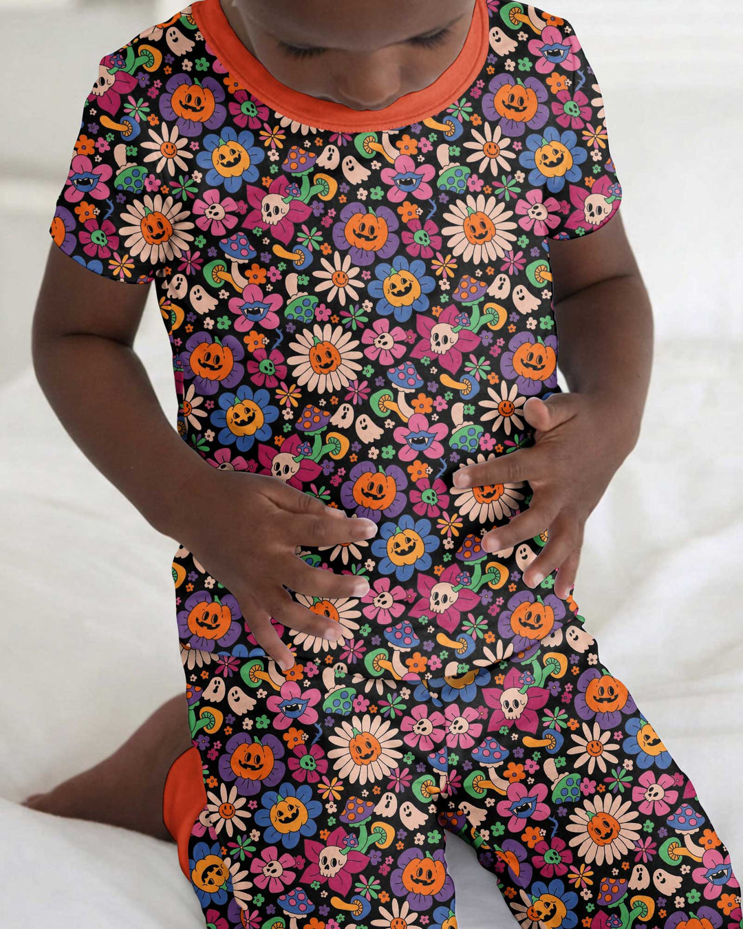 Halloween Flowers Bamboo Two Piece Short Sleeve Pajama Set
