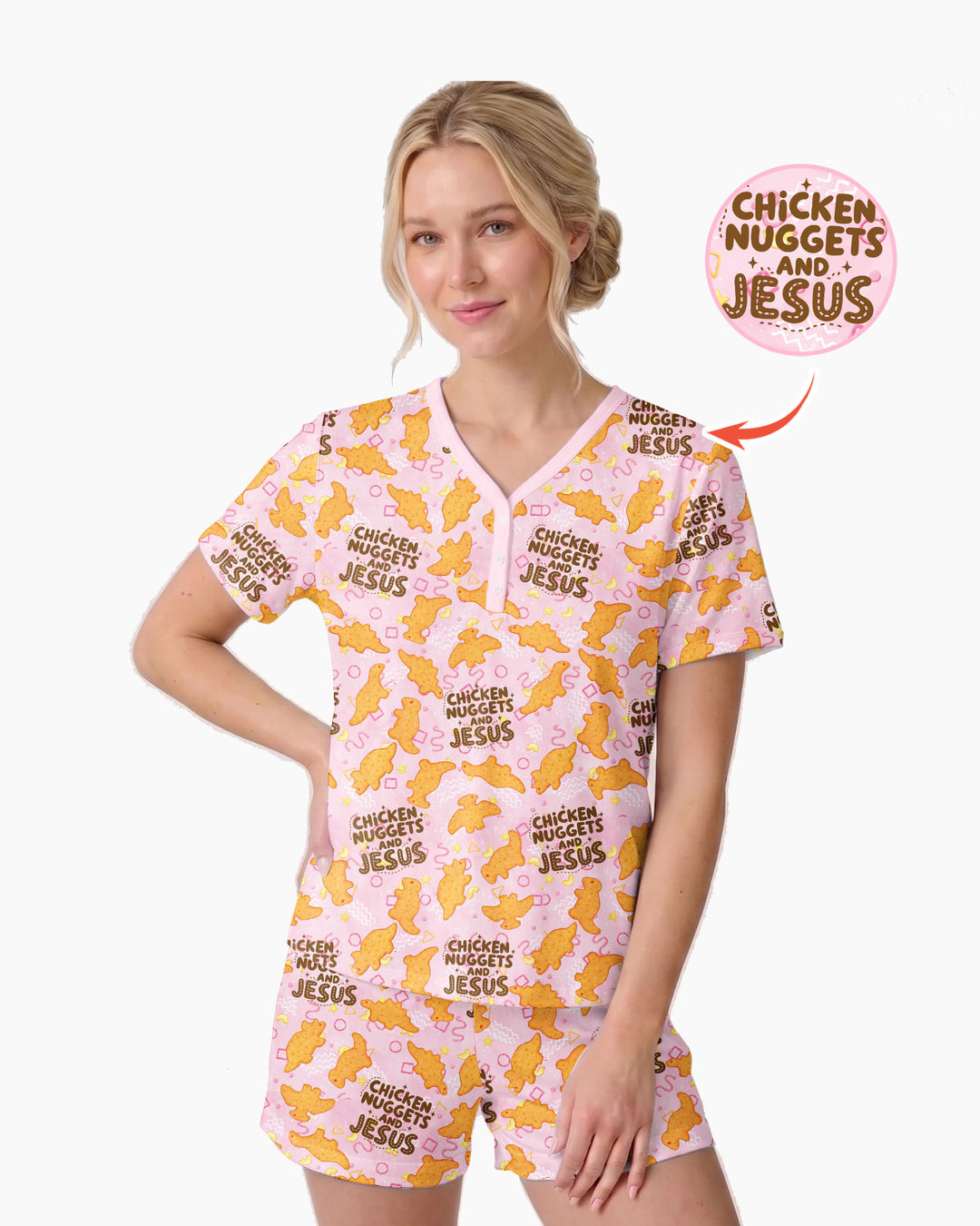 Chicken Nuggets and Jesus Family Matching Bamboo Women Short Sleeve Short Pajama Set