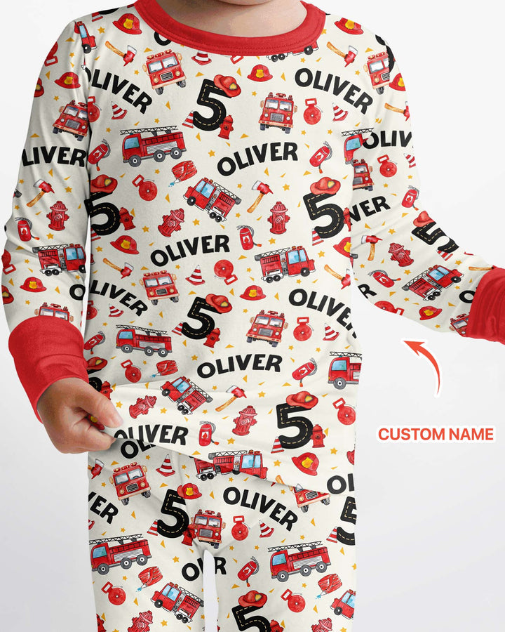 Custom Name Fire Truck Birthday Boy Bamboo Two Piece Long Sleeve Pajama Set