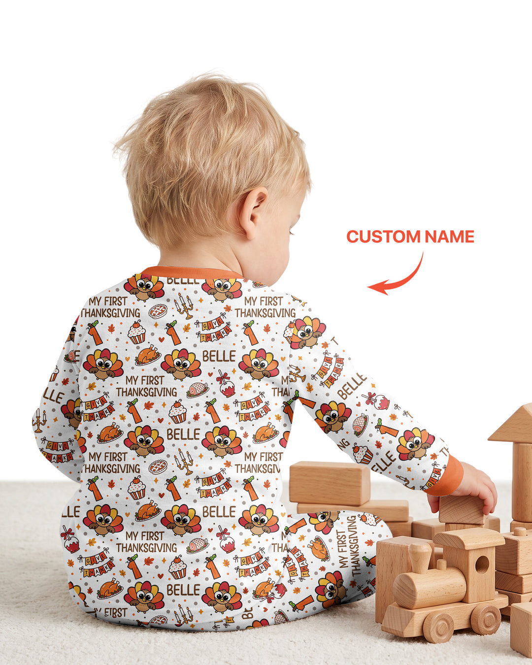 Custom Name Doodle Turkey My First Thanksgiving Bamboo Two Piece Long Sleeve Pajama Set