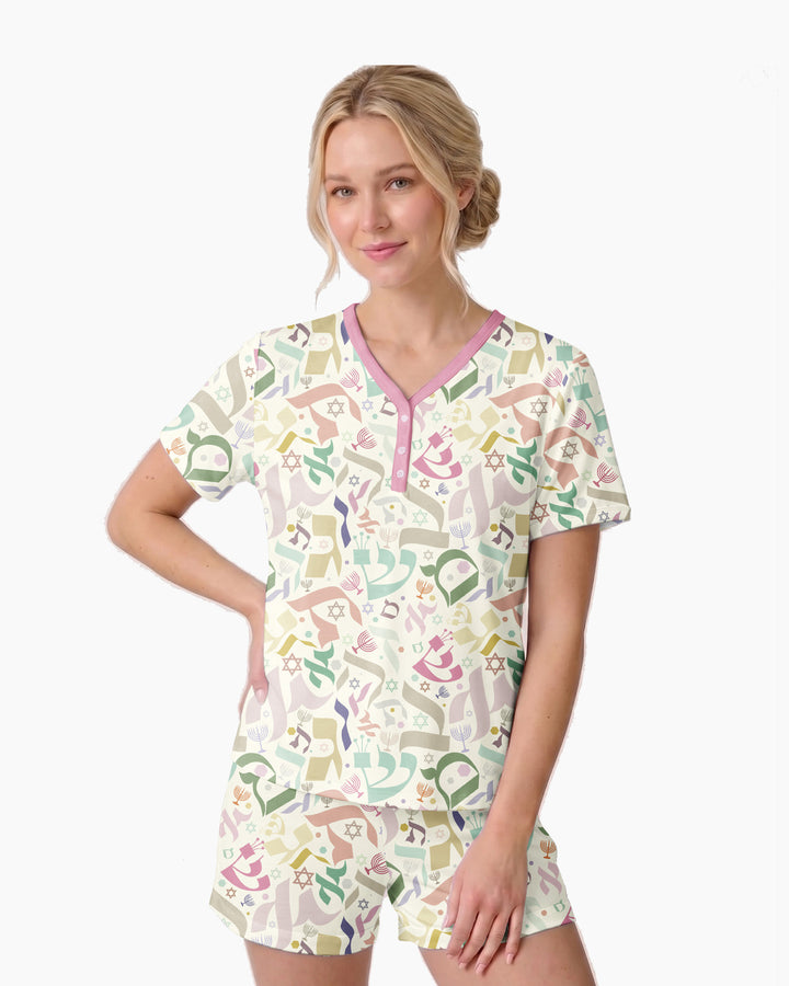 Hebrew Harmony Family Matching Bamboo Women Short Sleeve Short Pajama Set