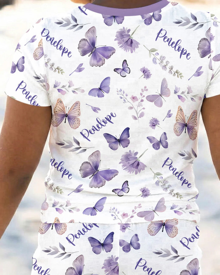 Custom Name Lilac Bloom Bamboo Two Piece Short Sleeve Pajama Set