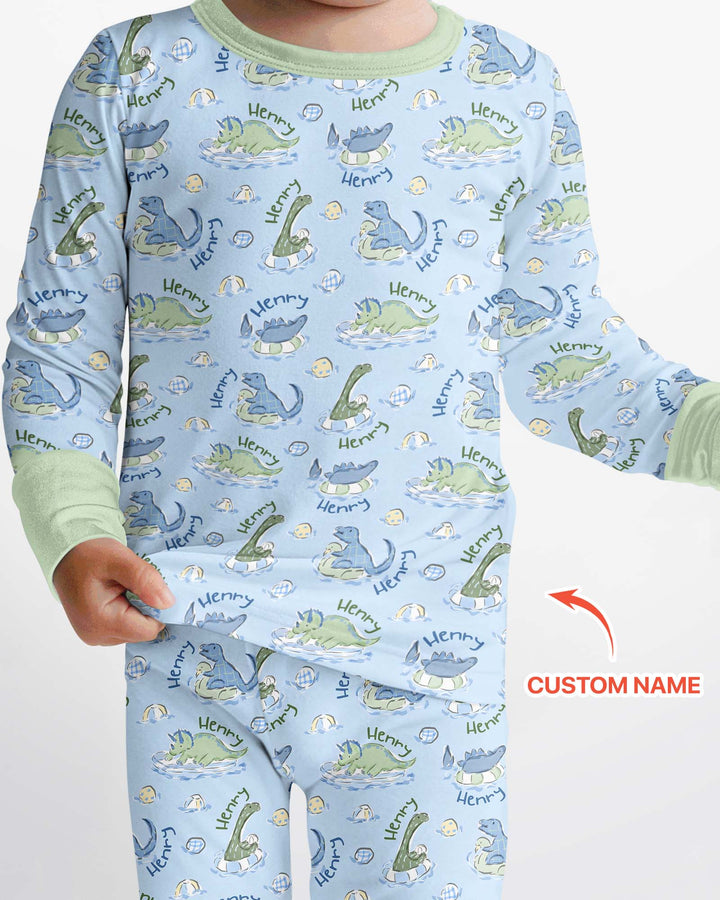 Dinos Swimming Custom Name Bamboo Two Piece Long Sleeve Pajama Set
