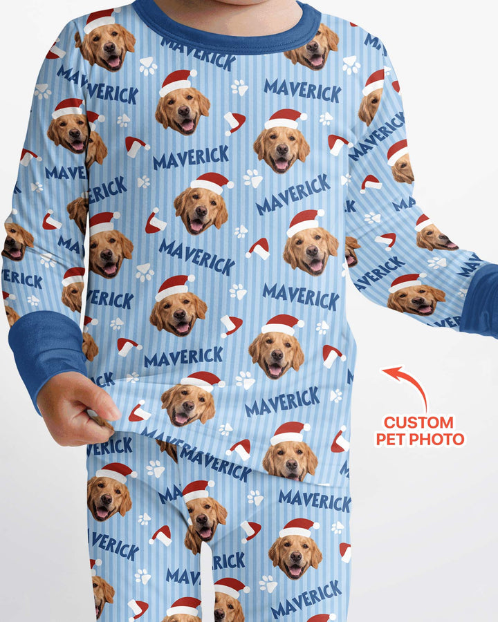 Custom Pet Photo Christmas Paws Stripe Bamboo Two Piece Long Sleeve Pajama Set