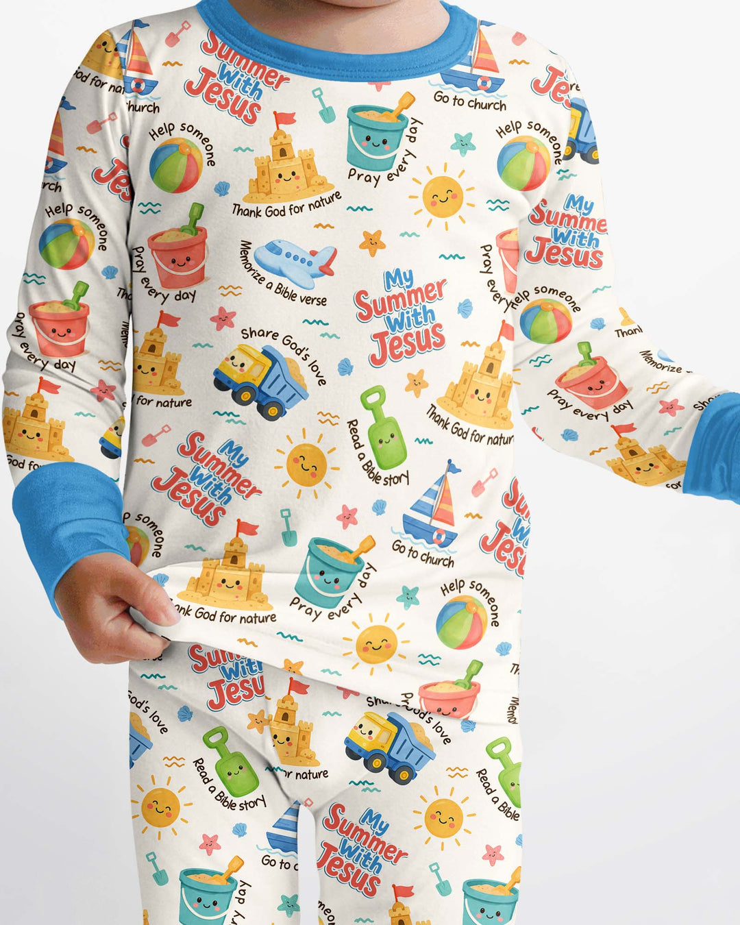 Colorful Summer Beach With Jesus Bamboo Two Piece Long Sleeve Pajama Set