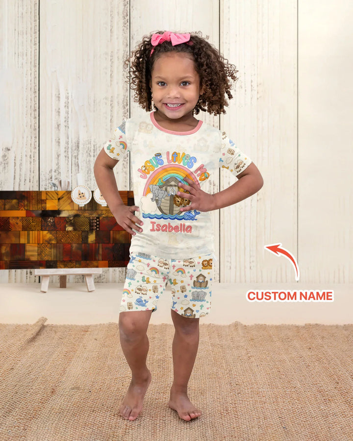 Custom Name Noah's Ark Jesus Loves Me Bamboo Two Piece Short Sleeve Shorts Pajama Set