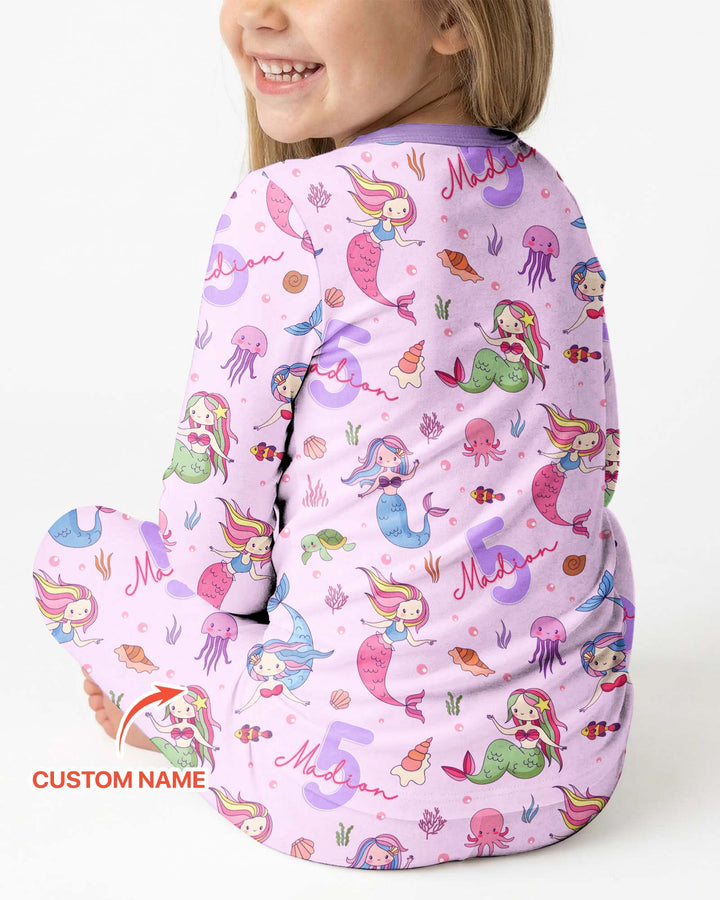 Custom Name Birthday Mermaid Bamboo Two Piece Long Sleeve Pajama Set