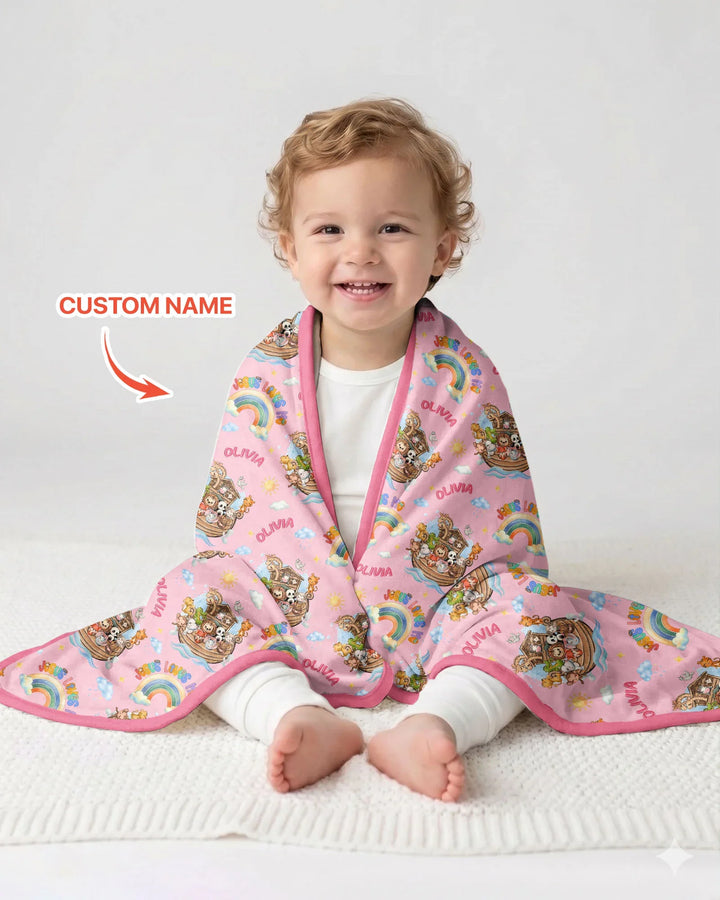 Custom Name Jesus Loves Me Noah's Ark Bamboo Blanket