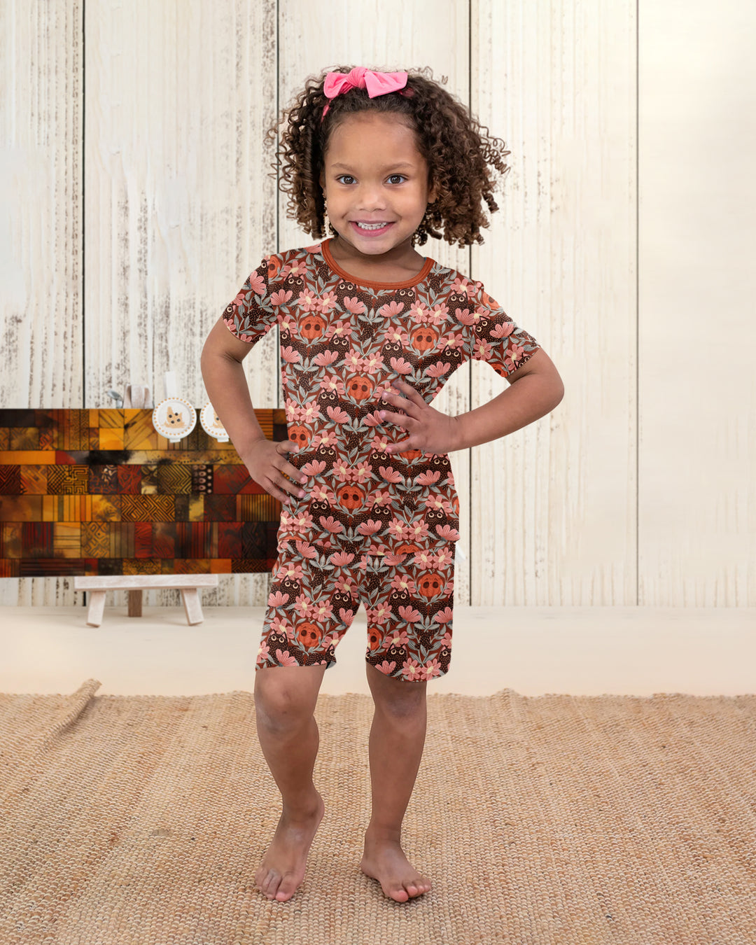 Spooky Owl Pumpkin Folk Floral Halloween Bamboo Two Piece Short Sleeve Shorts Pajama Set