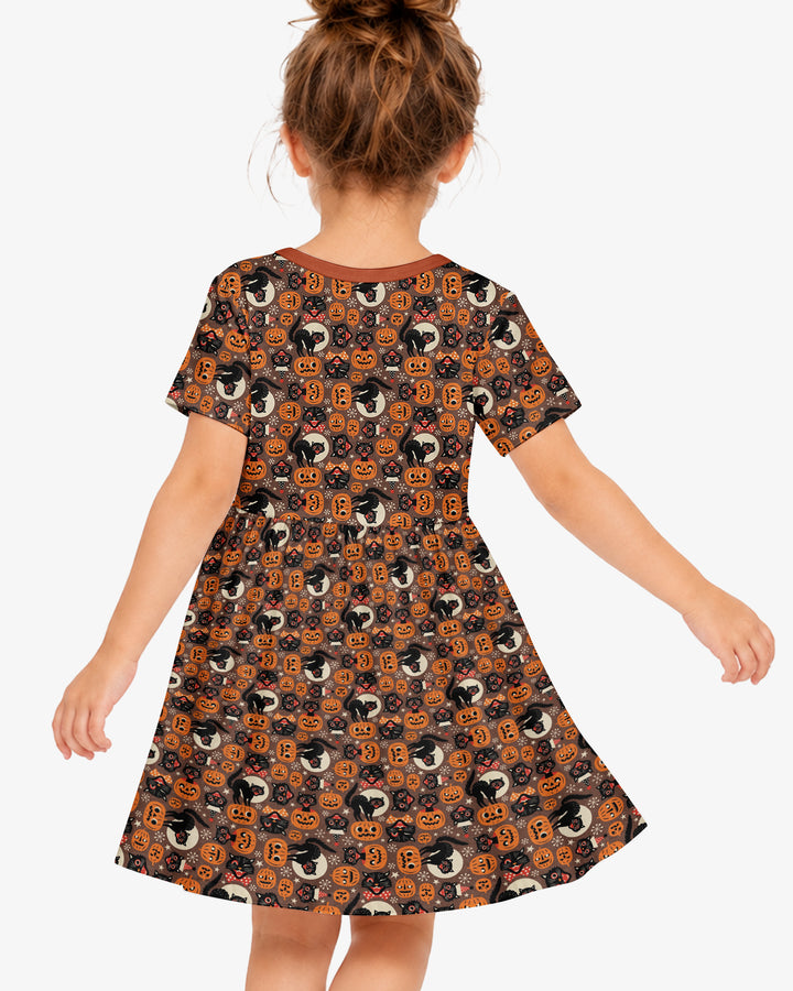Vintage Halloween Black Cat Pumpkin Bamboo Twirl Dress
