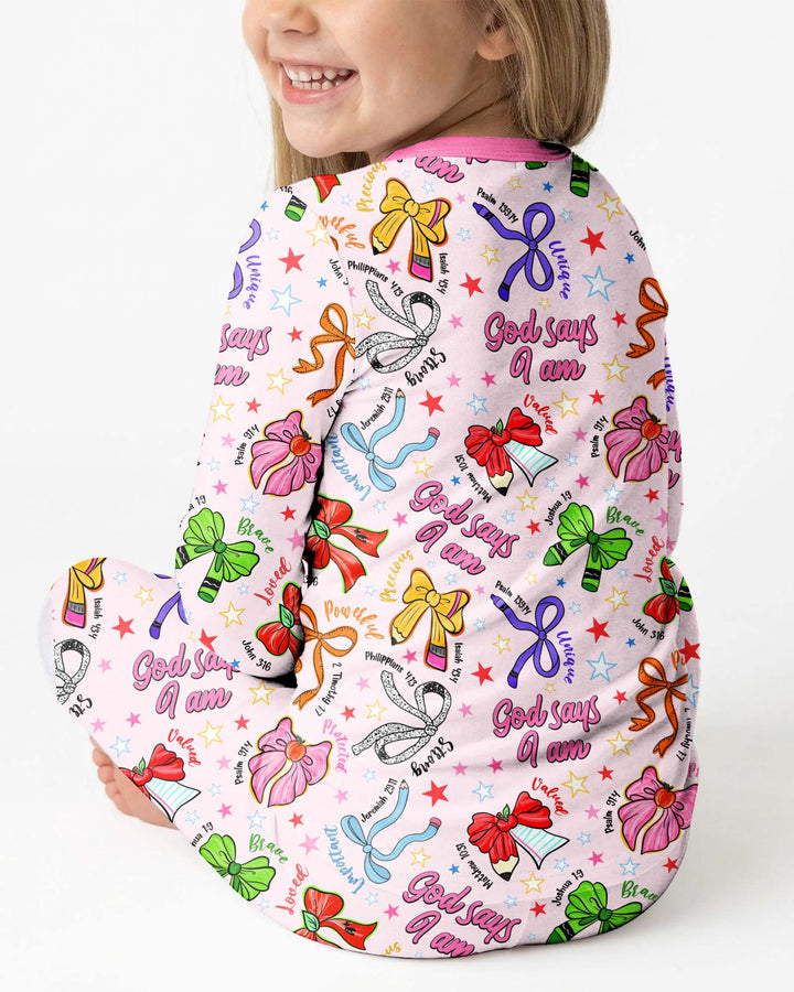 Pencil Bows God Says I Am Bamboo Two Piece Long Sleeve Pajama Set