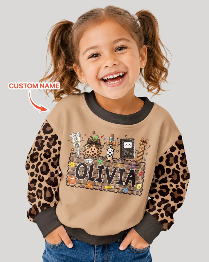 Custom Name School Sweetheart Leopard Bamboo Crewneck Sweatshirt