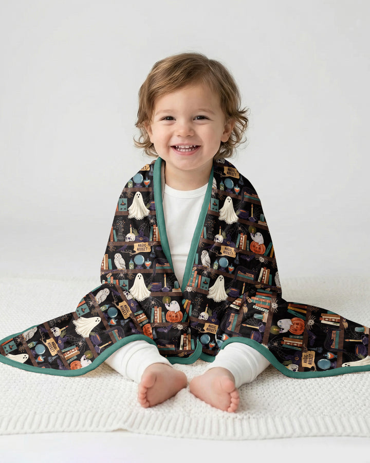 Cute Ghost Witchy Halloween Magic Library Bamboo Blanket