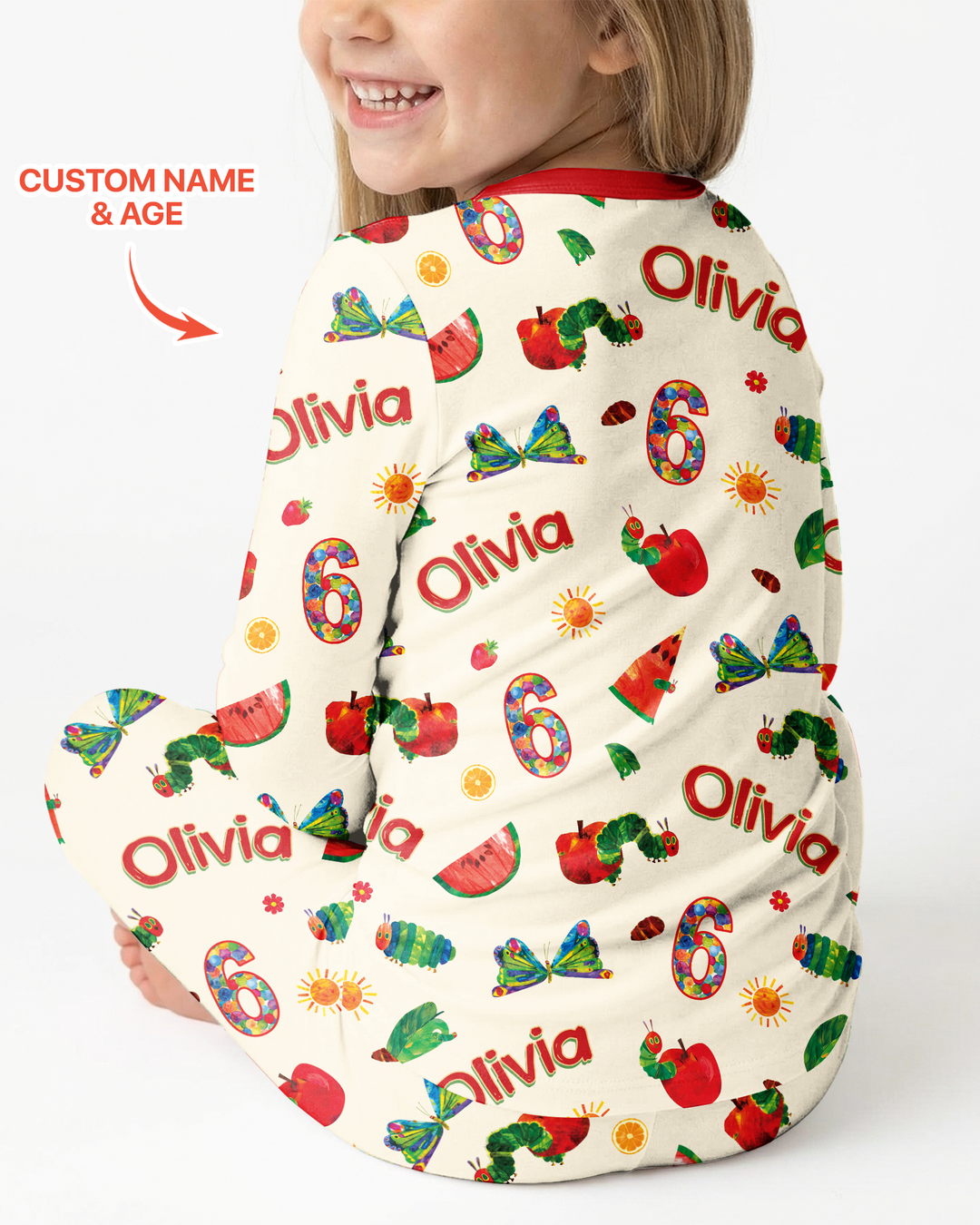 Custom Name and Age Birthday Of Very Hungry Caterpillar Bamboo Two Piece Long Sleeve Pajama Set
