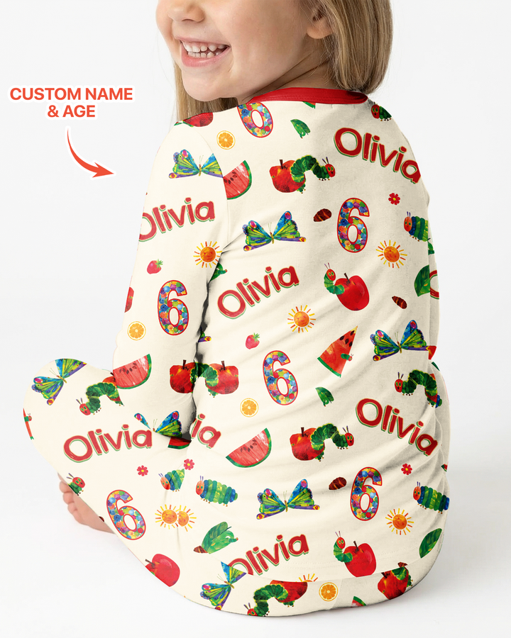Custom Name and Age Birthday Of Very Hungry Caterpillar Bamboo Two Piece Long Sleeve Pajama Set