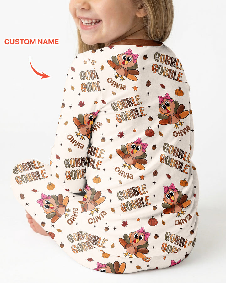 Custom Name Gobble Gobble Bamboo Two Piece Long Sleeve Pajama Set